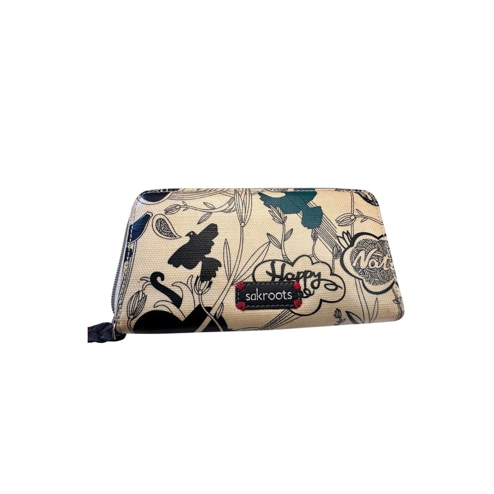 Sakroots Artist Circle Large Zip Around Wallet Bird Floral Peace Happy Cream